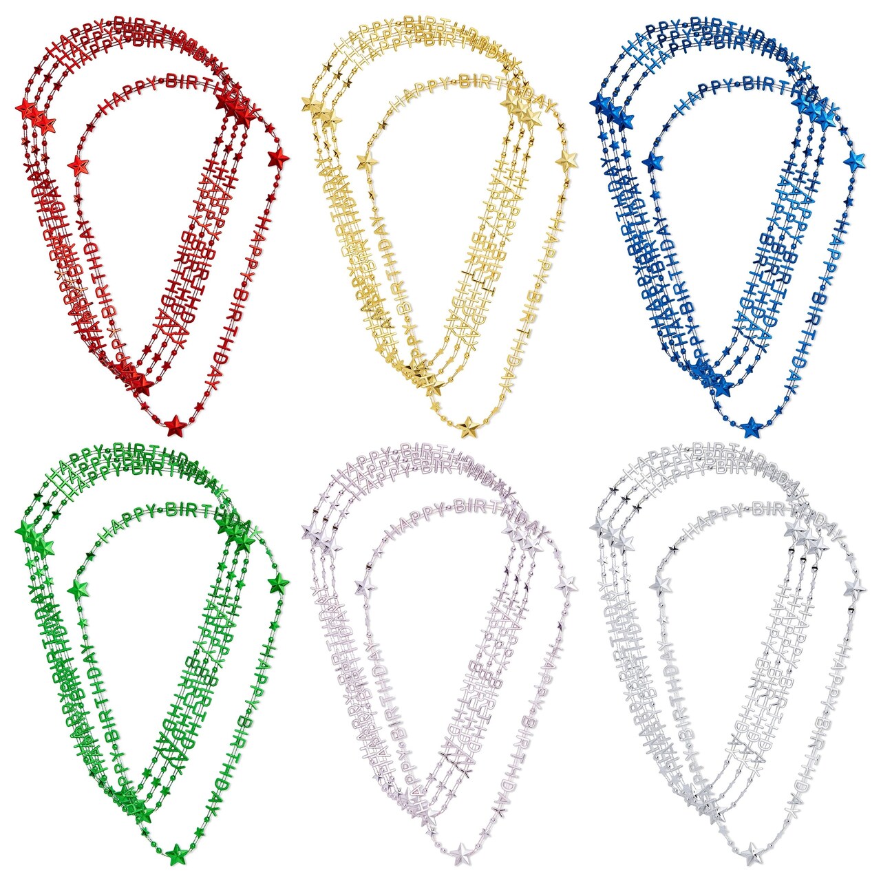 24-Pack Happy Birthday Necklaces, Rainbow Bead Party Supplies, Adult Party Favors for Guests, 6 Assorted Colors, 15.5 In